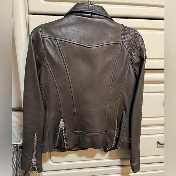 Chocolate brown Maje lambskin leather structured moto jacket - Picture 2 of 5
